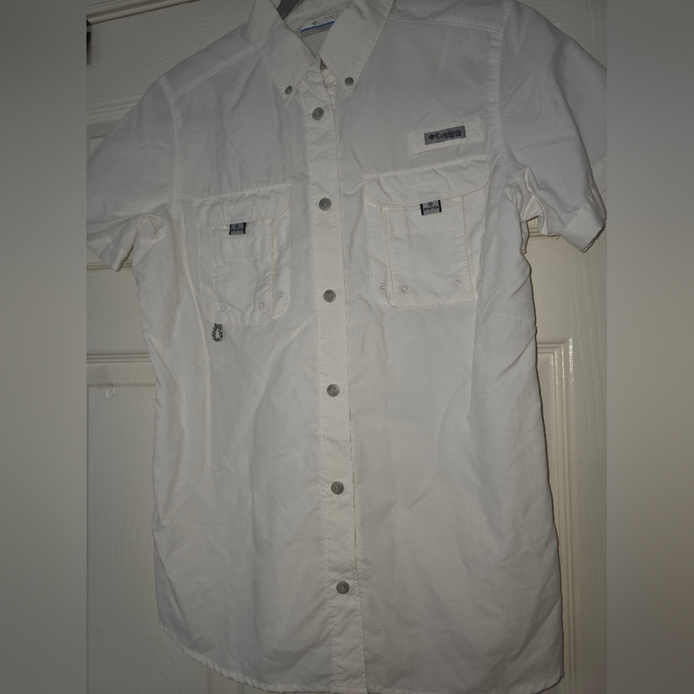 Columbia Shirt Mens Small White PFG Omni Shade Short Sleeve Button Down Fishing - Picture 1 of 3